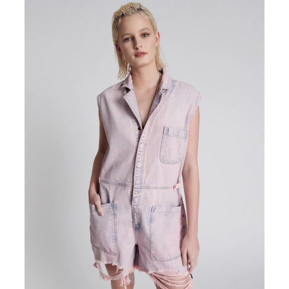 #253-NWT One Teaspoon Palisades Denim Overalls -Pink Haze XS Ret$249  OVERSIZED - Picture 1 of 7